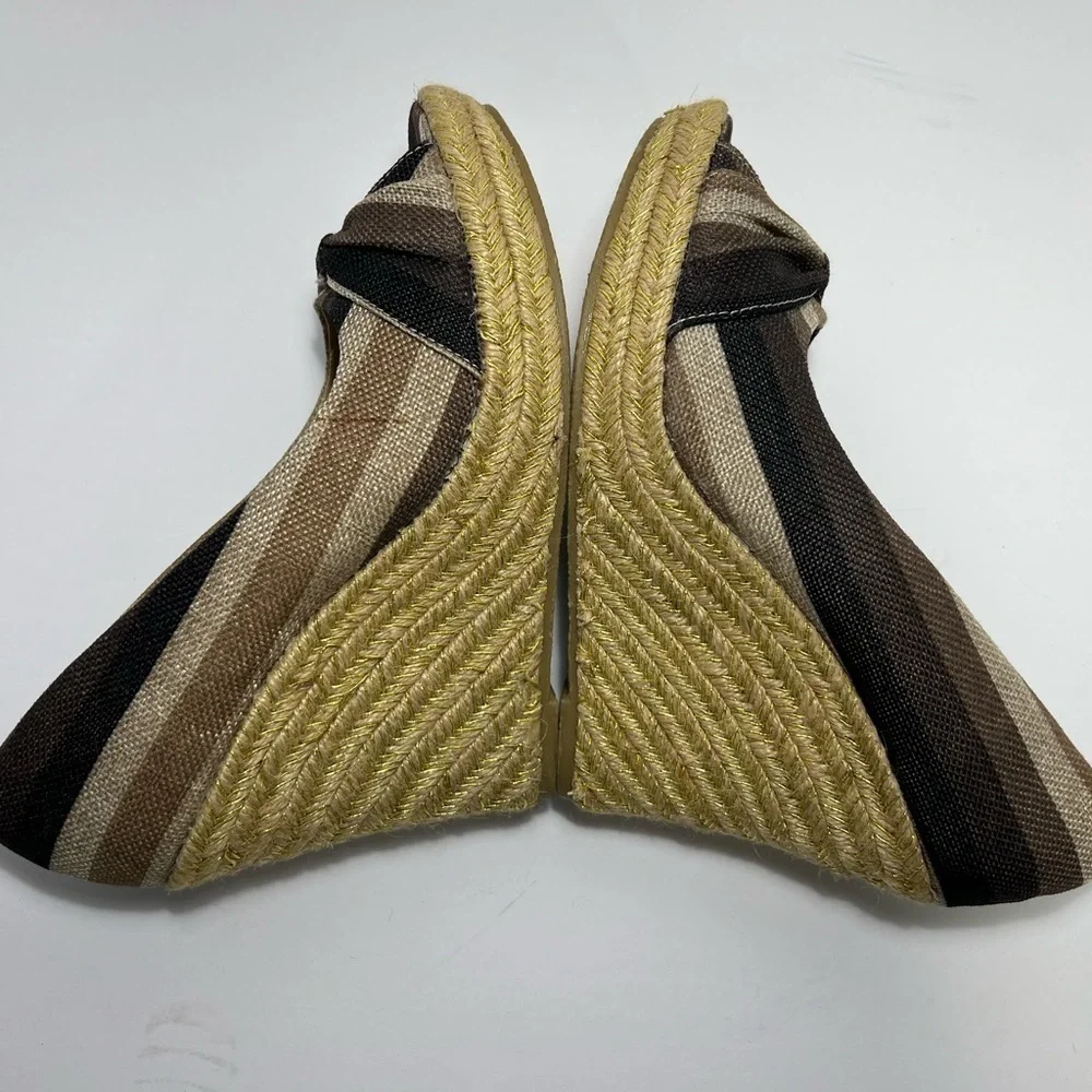 Rue21 ETC Brown Beige Stripe Jute Platform Peep Toe Wedge Womens size 8 9 Large
